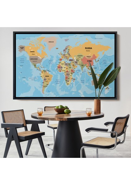 Çerçeveli Dünya Haritası Ülke Başkentli Okyanuslu ve Dekoratif Kanvas TABLO-2229