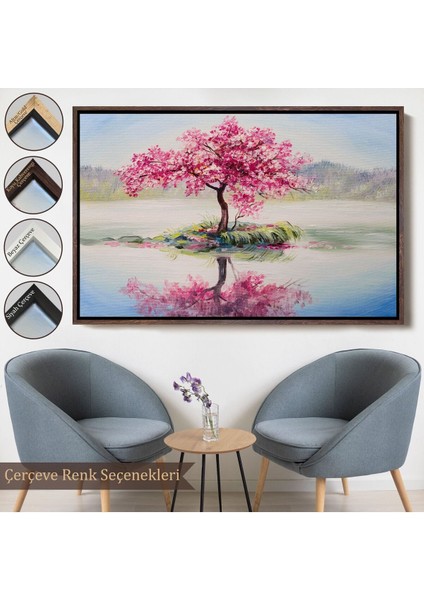 Çerçeveli Gölde Sakura Ağacı Yağlıboya Görünüm Kanvas Duvar TABLOSU-3494