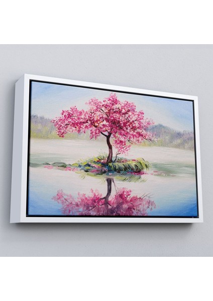 Çerçeveli Gölde Sakura Ağacı Yağlıboya Görünüm Kanvas Duvar TABLOSU-3494