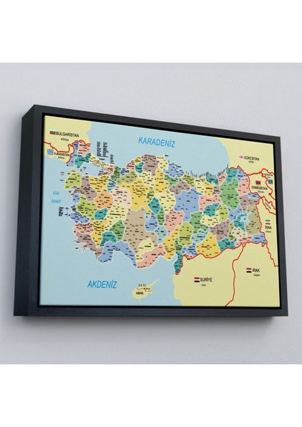 Çerçeveli Türkiye Haritası Kanvas Tablo Il ve Ilçeli Ayrıntılı Eğitici Komşulu TABLO-3018