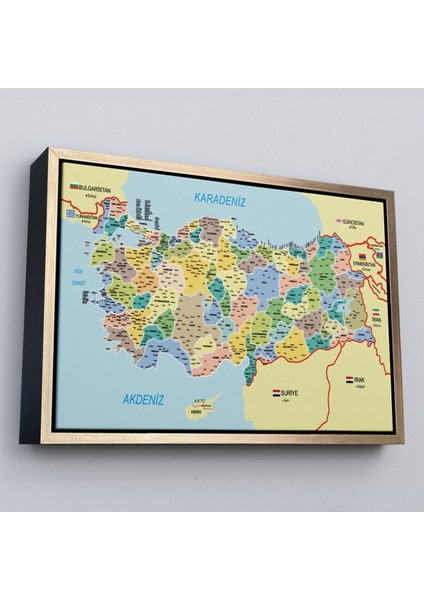 Çerçeveli Türkiye Haritası Kanvas Tablo Il ve Ilçeli Ayrıntılı Eğitici Komşulu TABLO-3018 modelleri