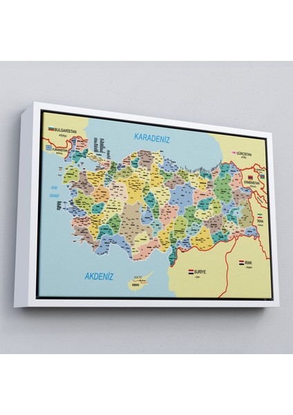 Çerçeveli Türkiye Haritası Kanvas Tablo Il ve Ilçeli Ayrıntılı Eğitici Komşulu TABLO-3018 fırsatları