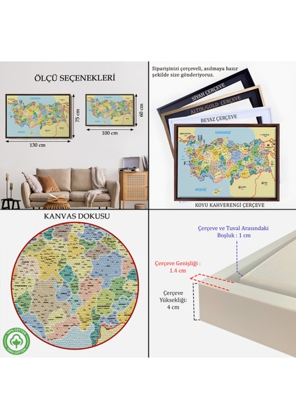 Çerçeveli Türkiye Haritası Kanvas Tablo Il ve Ilçeli Ayrıntılı Eğitici Komşulu TABLO-3018 indirimleri