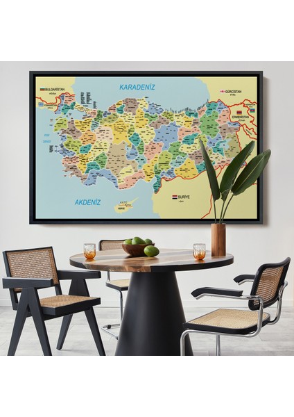 Çerçeveli Türkiye Haritası Kanvas Tablo Il ve Ilçeli Ayrıntılı Eğitici Komşulu TABLO-3018