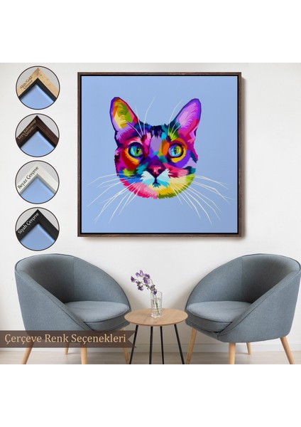 Çerçeveli Renkli Kedi Kafası Dekoratif Kanvas TABLO-5815