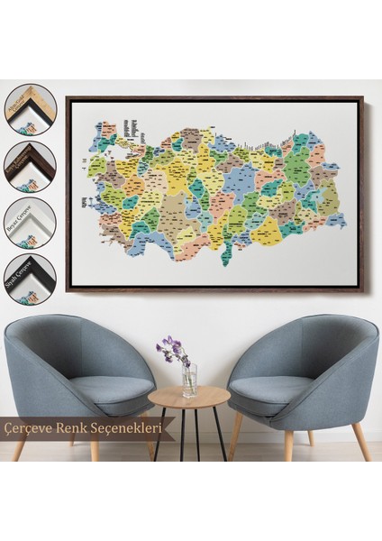 Çerçeveli Türkiye Haritası Kanvas Tablo Il ve Ilçeli Ayrıntılı Eğitici Dekoratif TABLO-3046