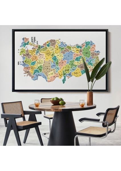 Çerçeveli Türkiye Haritası Kanvas Tablo Il ve Ilçeli Ayrıntılı Eğitici Dekoratif TABLO-3046
