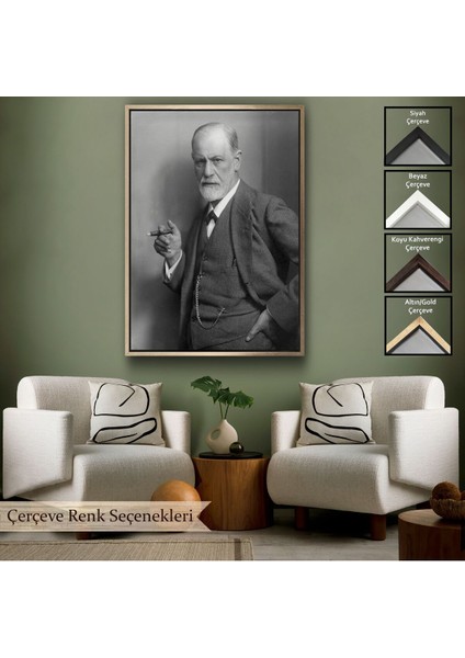 Çerçeveli Sigmund Freud Elinde Puro Ile Siyah Beyaz Fotoğrafı Kanvas TABLO-5238
