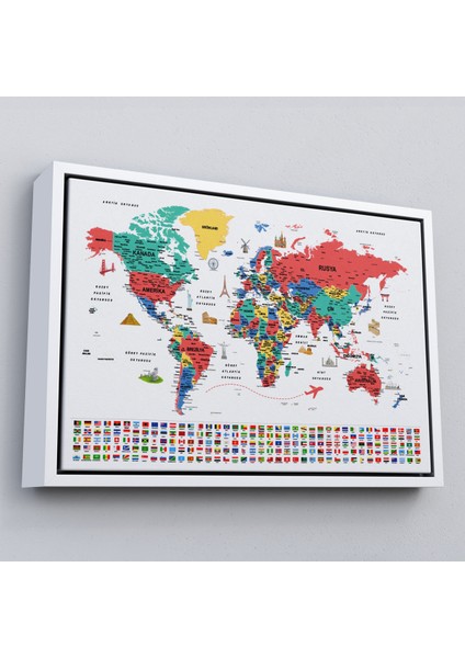 Çerçeveli Türkçe Dünya Haritası Ayrıntılı Eğitici Sembollü Bayraklı Dekoratif Kanvas TABLO-2866