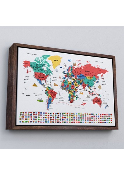 Çerçeveli Türkçe Dünya Haritası Ayrıntılı Eğitici Sembollü Bayraklı Dekoratif Kanvas TABLO-2866 fiyatları