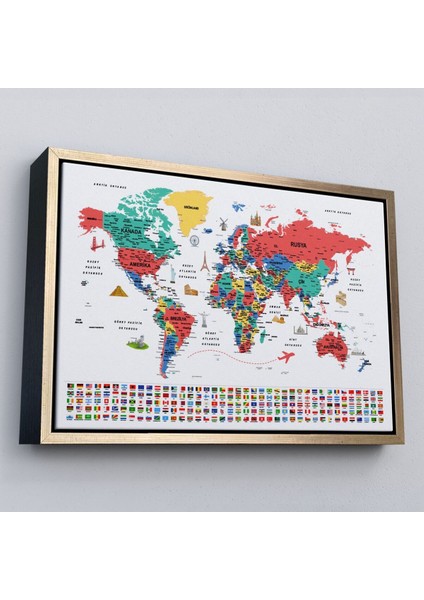 Çerçeveli Türkçe Dünya Haritası Ayrıntılı Eğitici Sembollü Bayraklı Dekoratif Kanvas TABLO-2866 modelleri