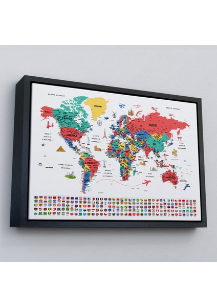 Çerçeveli Türkçe Dünya Haritası Ayrıntılı Eğitici Sembollü Bayraklı Dekoratif Kanvas TABLO-2866 fırsatları