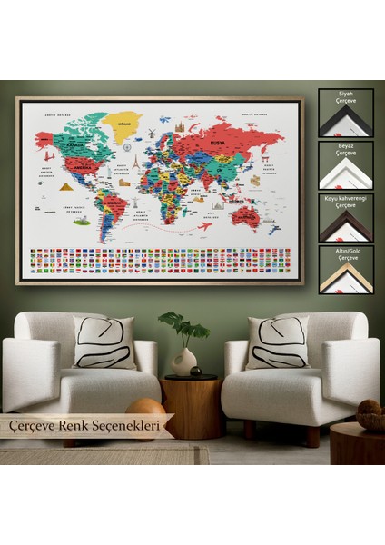 Çerçeveli Türkçe Dünya Haritası Ayrıntılı Eğitici Sembollü Bayraklı Dekoratif Kanvas TABLO-2866