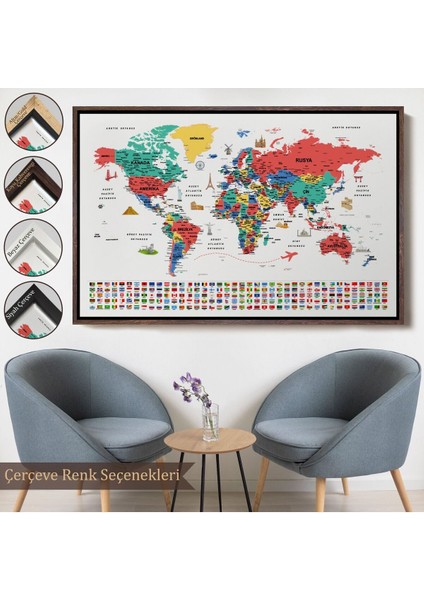 Çerçeveli Türkçe Dünya Haritası Ayrıntılı Eğitici Sembollü Bayraklı Dekoratif Kanvas TABLO-2866