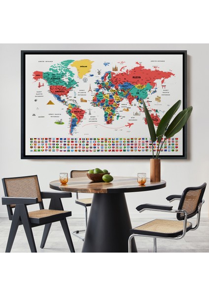 Çerçeveli Türkçe Dünya Haritası Ayrıntılı Eğitici Sembollü Bayraklı Dekoratif Kanvas TABLO-2866