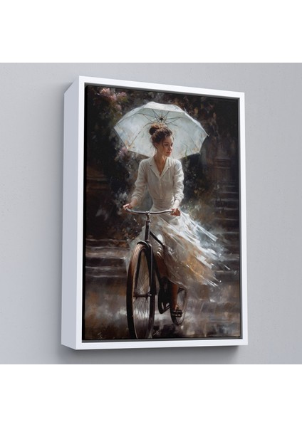 Çerçeveli Şemsiye Ile Bisiklet Süren Güzel Kadın TABLO-7860 fırsatları