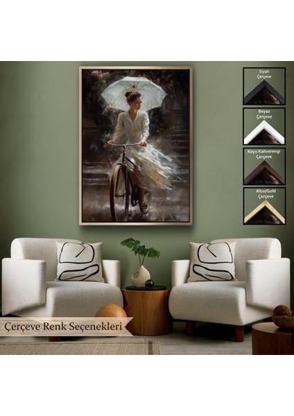 Çerçeveli Şemsiye Ile Bisiklet Süren Güzel Kadın TABLO-7860