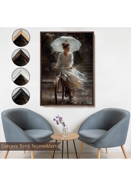 Çerçeveli Şemsiye Ile Bisiklet Süren Güzel Kadın TABLO-7860