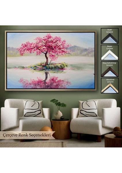 Çerçeveli Gölde Sakura Ağacı Yağlıboya Görünüm Kanvas Duvar TABLOSU-3494