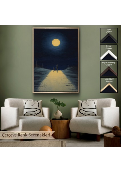Çerçeveli Ay Işığına Yürüyen Kedi ve Dostu TABLO-7504