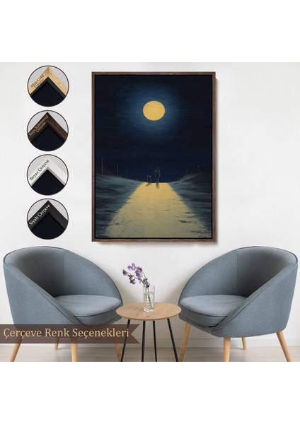Çerçeveli Ay Işığına Yürüyen Kedi ve Dostu TABLO-7504