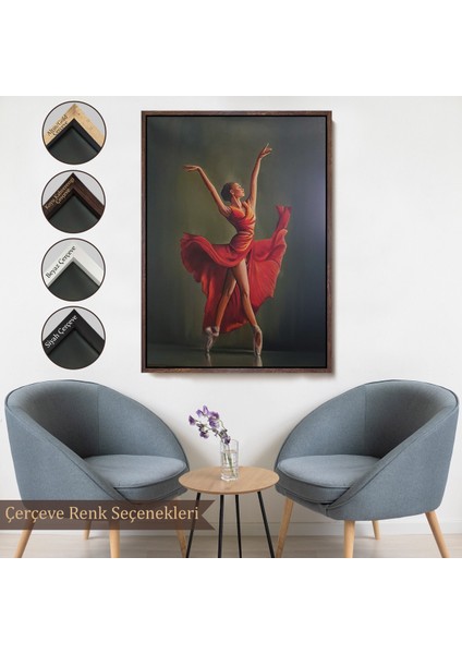 Çerçeveli Kırmızı Kıyafetli Bale Yapan Kadın TABLOSU-7951