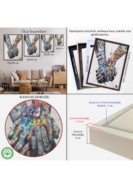 Çerçeveli Graffiti El Duvar Posteri, El Ele Tutarak Duvar Sanatı Kanvas TABLO-5312 indirimleri