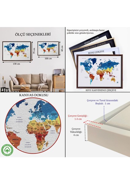 Çerçeveli Türkçe Dünya Haritası Dekoratif Kanvas Tablo Ülke ve BAŞKENTLI-1492 indirimleri