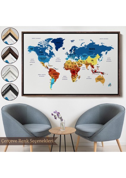 Çerçeveli Türkçe Dünya Haritası Dekoratif Kanvas Tablo Ülke ve BAŞKENTLI-1492