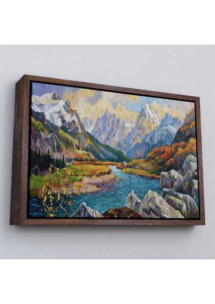 Çerçeveli Kafkas Dağları Manzaralı Yağlıboya Görünüm Dekoratif Kanvas Duvar TABLOSU-3603