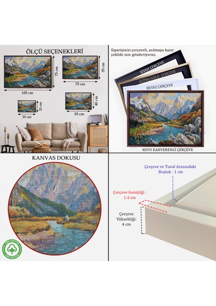 Çerçeveli Kafkas Dağları Manzaralı Yağlıboya Görünüm Dekoratif Kanvas Duvar TABLOSU-3603 indirimleri