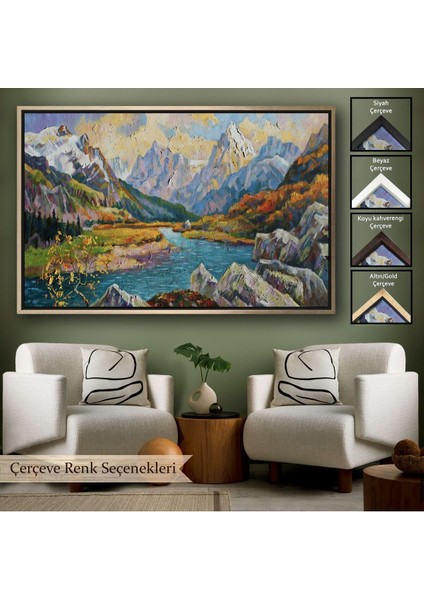 Çerçeveli Kafkas Dağları Manzaralı Yağlıboya Görünüm Dekoratif Kanvas Duvar TABLOSU-3603