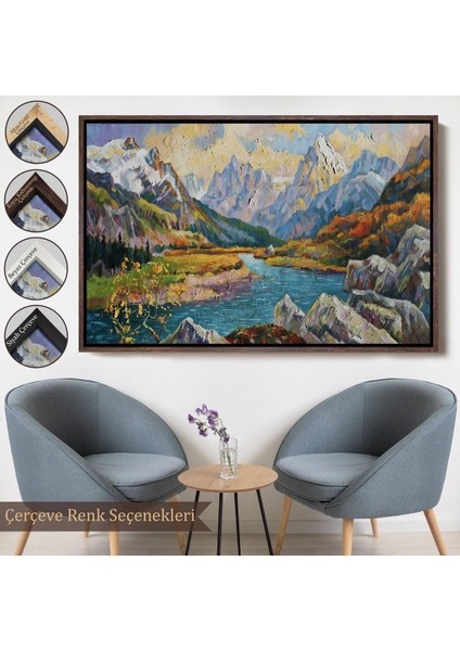 Çerçeveli Kafkas Dağları Manzaralı Yağlıboya Görünüm Dekoratif Kanvas Duvar TABLOSU-3603