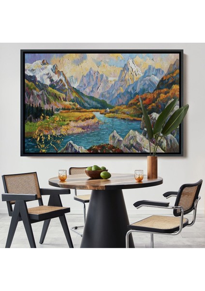 Çerçeveli Kafkas Dağları Manzaralı Yağlıboya Görünüm Dekoratif Kanvas Duvar TABLOSU-3603