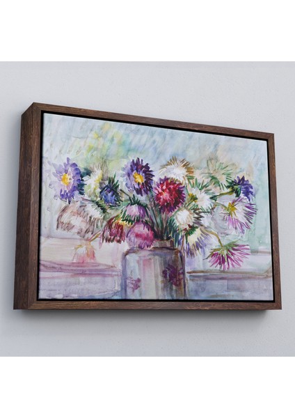 Çerçeveli Aster Çiçeği Yağlı Boya Görünümlü Dekoratif Duvar TABLOSU-3456