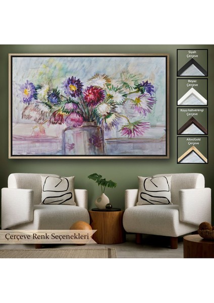 Çerçeveli Aster Çiçeği Yağlı Boya Görünümlü Dekoratif Duvar TABLOSU-3456