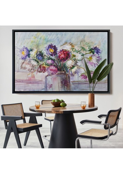 Çerçeveli Aster Çiçeği Yağlı Boya Görünümlü Dekoratif Duvar TABLOSU-3456