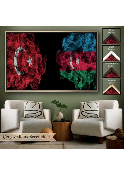 Çerçeveli Türkiye Azerbaycan Bayrak Desenli Dekoratif Kanvas TABLO-6518