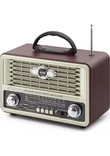 Küçük Boy Retro, Nostaljik, Ahşap Bluetooth Hoparlörlü, Şarjlı, LED Işıklı Fm/am Radyo NS6675