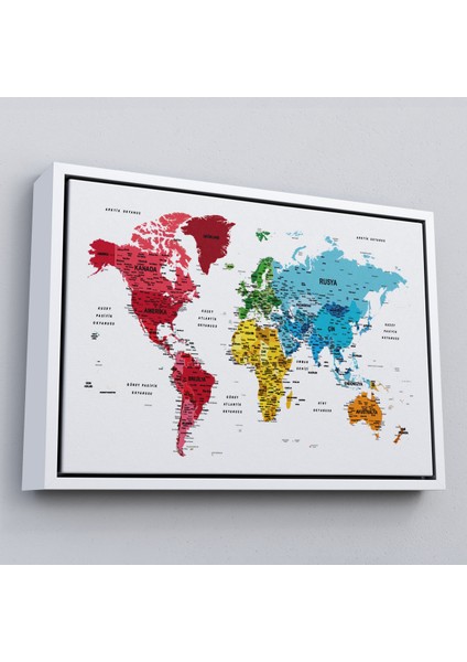 Çerçeveli Türkçe Dünya Haritası Dekoratif Kanvas Tablo Son Derece DETAYLI-1633
