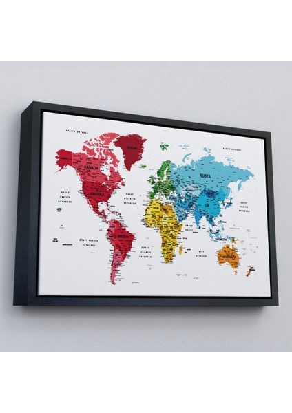 Çerçeveli Türkçe Dünya Haritası Dekoratif Kanvas Tablo Son Derece DETAYLI-1633 fırsatları