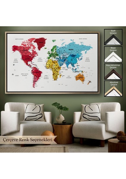 Çerçeveli Türkçe Dünya Haritası Dekoratif Kanvas Tablo Son Derece DETAYLI-1633
