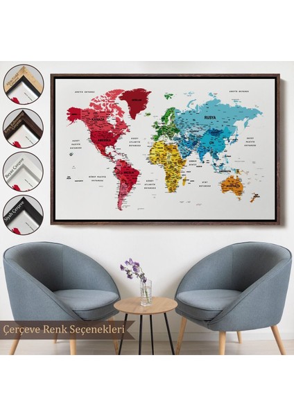 Çerçeveli Türkçe Dünya Haritası Dekoratif Kanvas Tablo Son Derece DETAYLI-1633