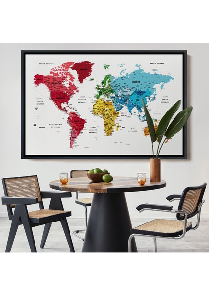 Çerçeveli Türkçe Dünya Haritası Dekoratif Kanvas Tablo Son Derece DETAYLI-1633
