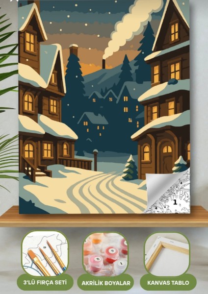 Sayılarla Boyama Seti 40X50 cm (Çıtalı) Fırça Boya Dahil Numaralı Tuval Kar Bina Manzara