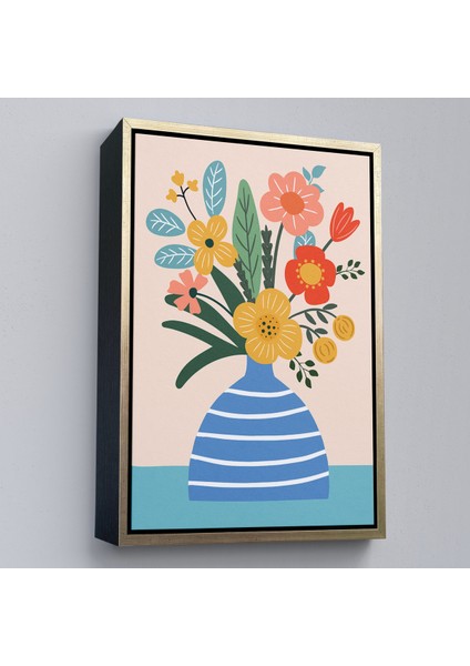 Çerçeveli Minimalist Çiçek Mavi Vazoda Renkli Buket TABLOSU-7664 modelleri
