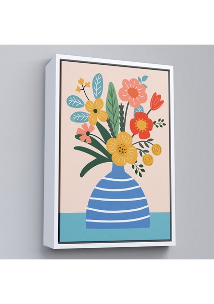 Çerçeveli Minimalist Çiçek Mavi Vazoda Renkli Buket TABLOSU-7664 fırsatları