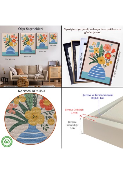 Çerçeveli Minimalist Çiçek Mavi Vazoda Renkli Buket TABLOSU-7664 indirimleri