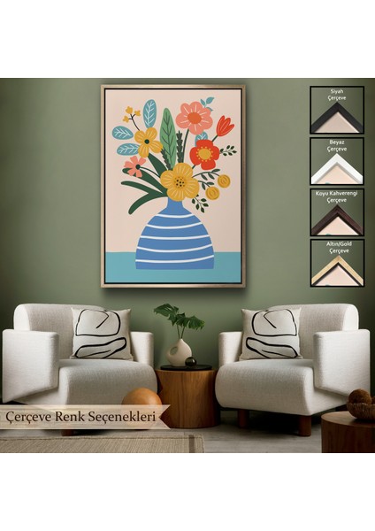Çerçeveli Minimalist Çiçek Mavi Vazoda Renkli Buket TABLOSU-7664