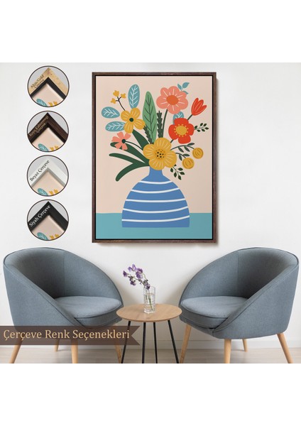 Çerçeveli Minimalist Çiçek Mavi Vazoda Renkli Buket TABLOSU-7664